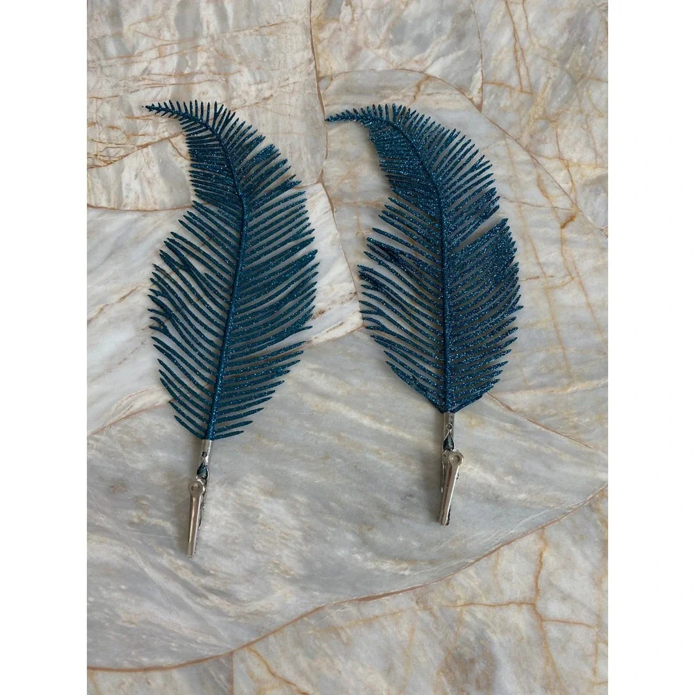 Set of 4 Glitter Feather Hair Clips Teal Blue and Purple Plume Alligator Clips